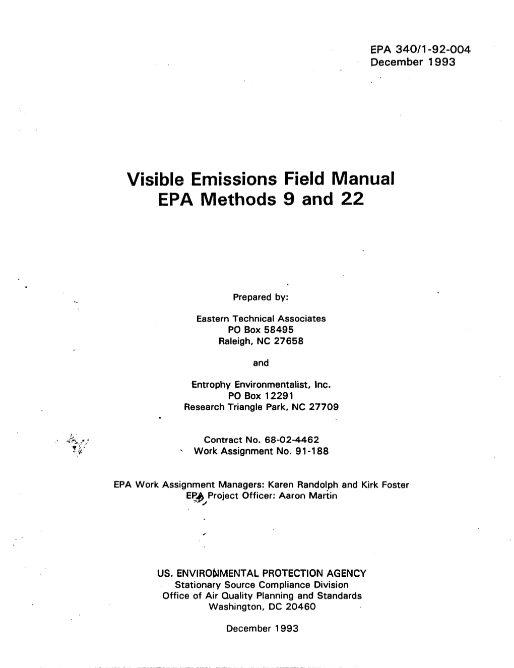 Visible Emissions Field Manual, EPA Methods 9 and 22