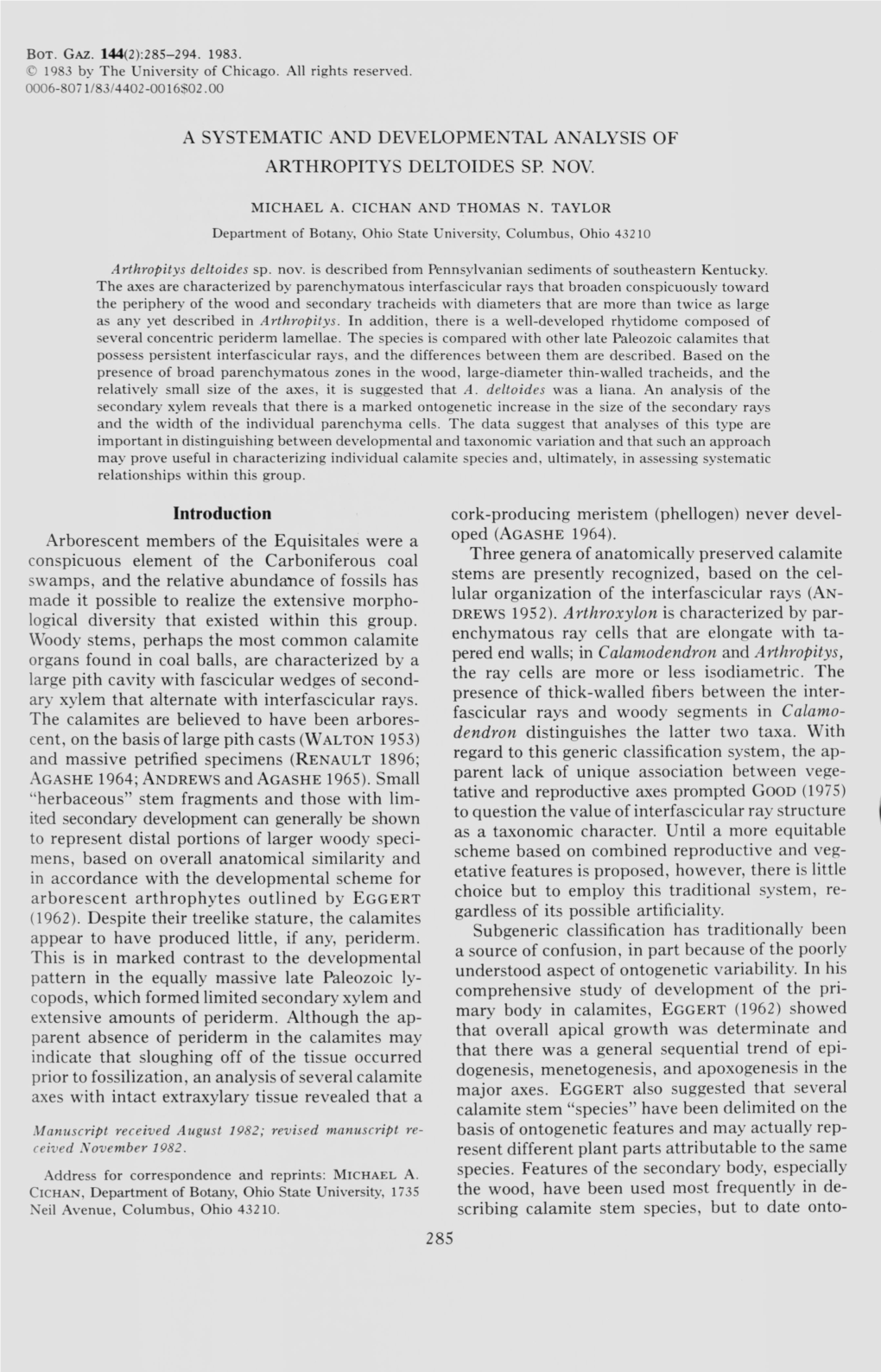 A Systematic and Developmental Analysis of Arthropitys Deltoides Sp