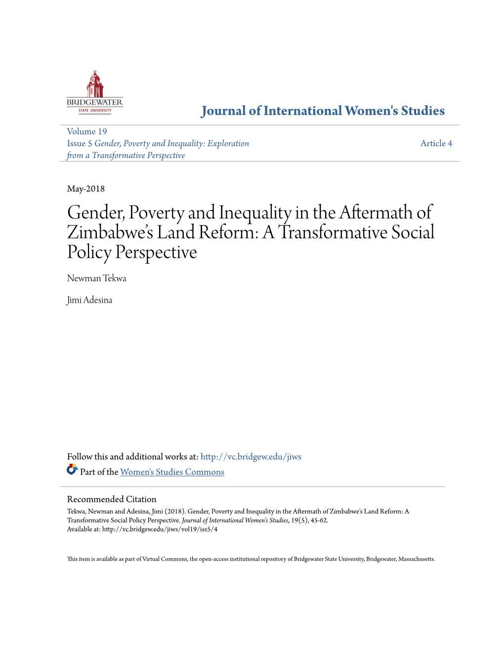 Gender, Poverty and Inequality in the Aftermath of Zimbabwe's Land Reform