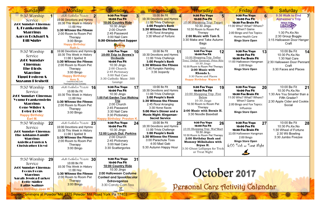 Personal Care Activity Calendar Halloween Senior Commons at Powder Mill 1775 Powder Mill Road York Pa 17403