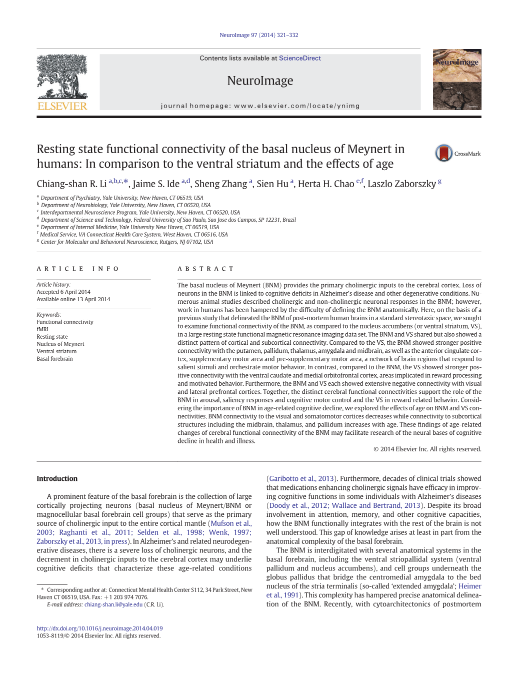 Resting State Functional Connectivity of the Basal Nucleus of Meynert in Humans: in Comparison to the Ventral Striatum and the Effects of Age