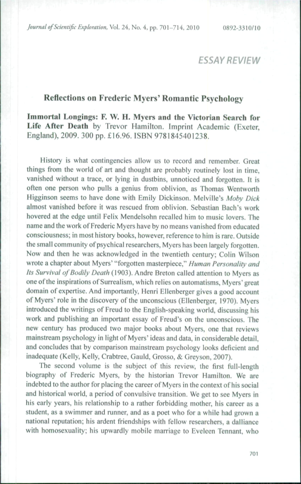 ESSAY REVIEW Reflections on Frederic Myers' Romantic Psychology