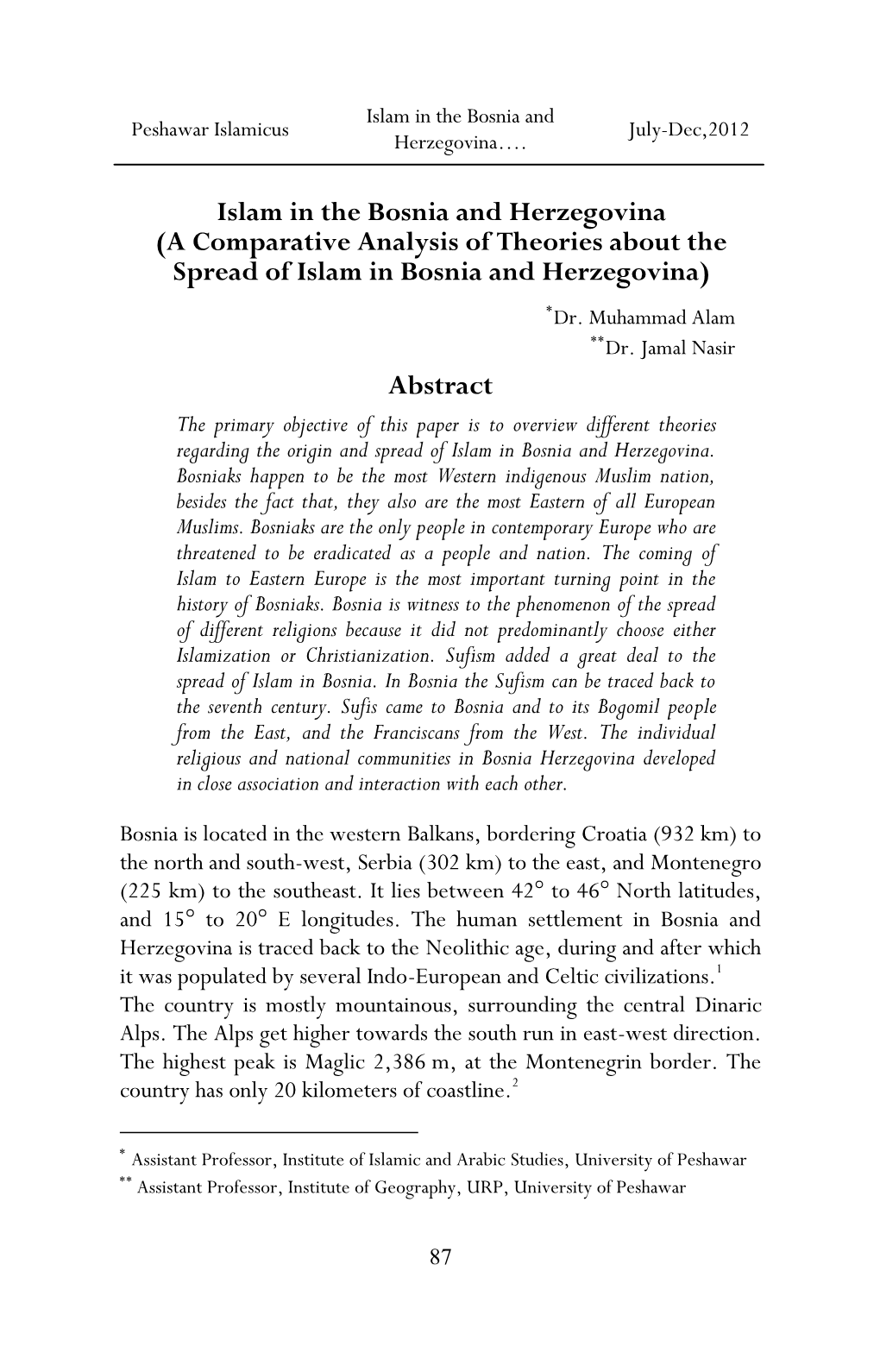 Islam in the Bosnia and Peshawar Islamicus July-Dec,2012 Herzegovina…