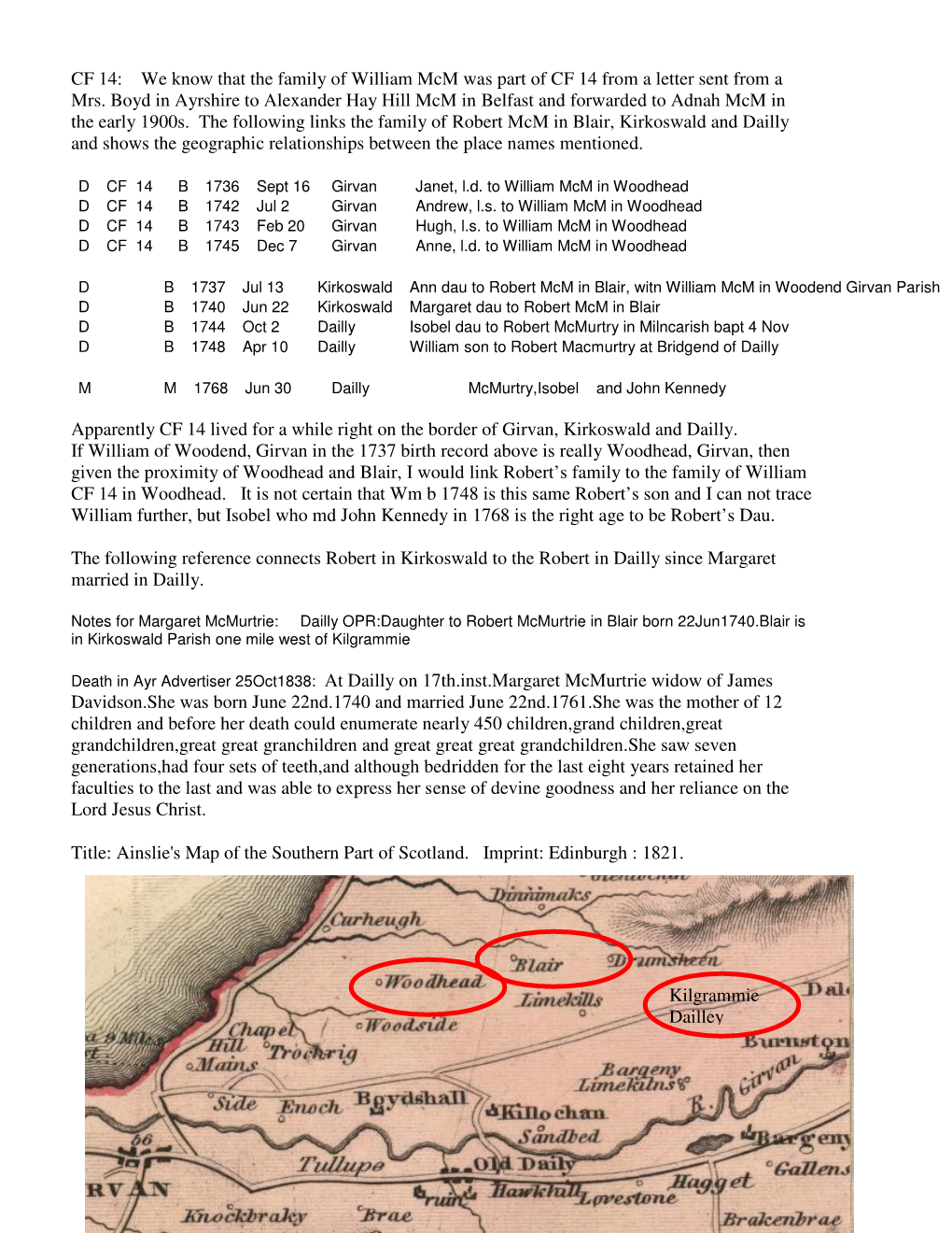 We Know That the Family of William Mcm Was Part of CF 14 from a Letter Sent from a Mrs