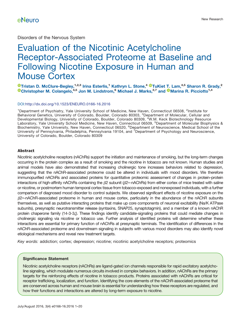 Evaluation of the Nicotinic Acetylcholine Receptor-Associated Proteome at Baseline and Following Nicotine Exposure in Human and Mouse Cortex Tristan D