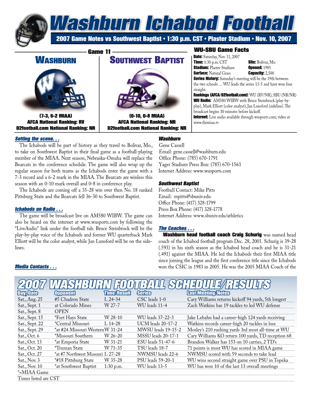 Washburn Ichabod Football 2007 Game Notes Vs Southwest Baptist • 1:30 P.M