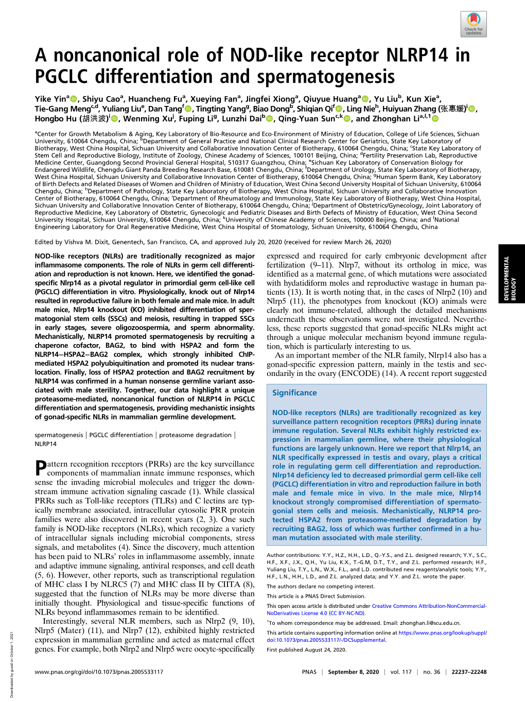 A Noncanonical Role of NOD-Like Receptor NLRP14 in PGCLC Differentiation and Spermatogenesis