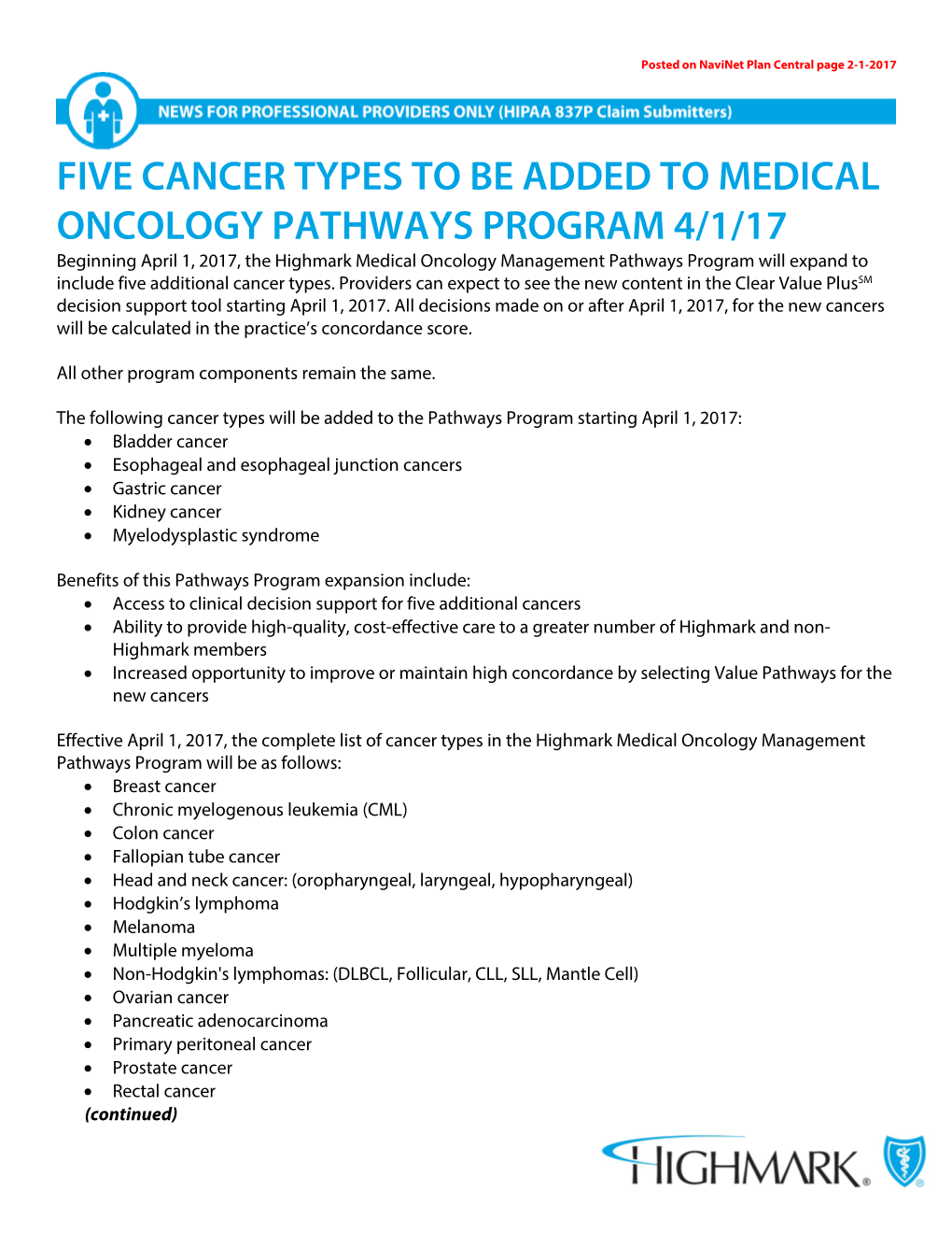 Five Cancer Types to Be Added to Medical Oncology