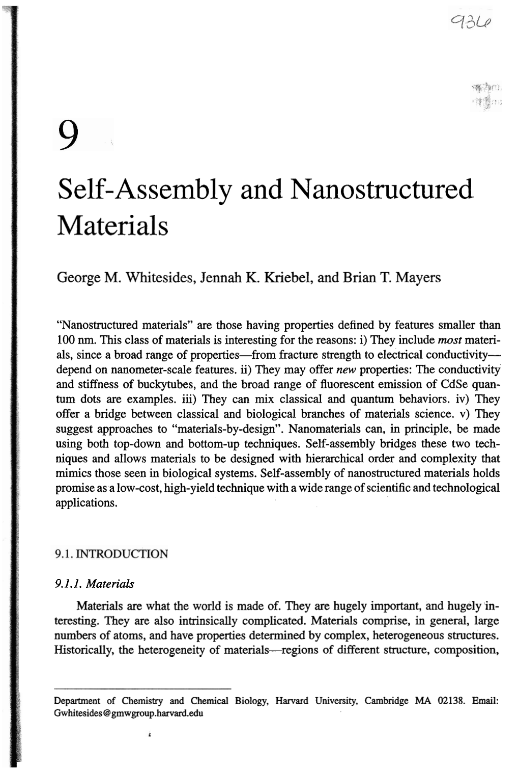 Self- Assembly and Nanostructured Materials