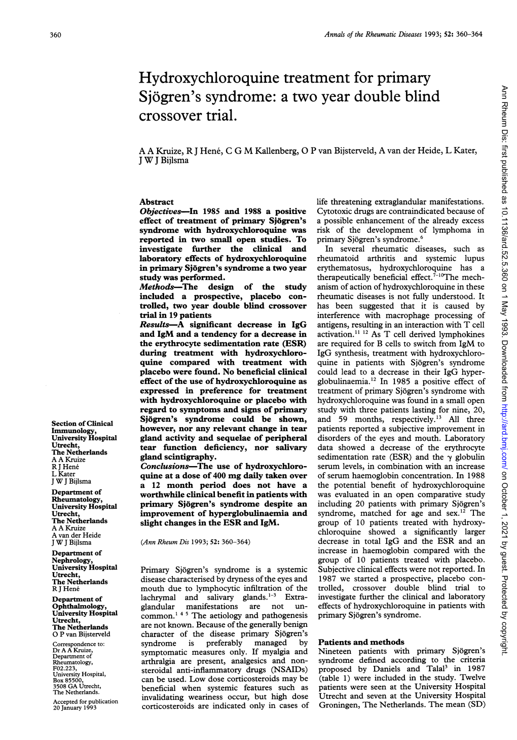 Hydroxychloroquine Treatment for Primary Sjogren's Syndrome