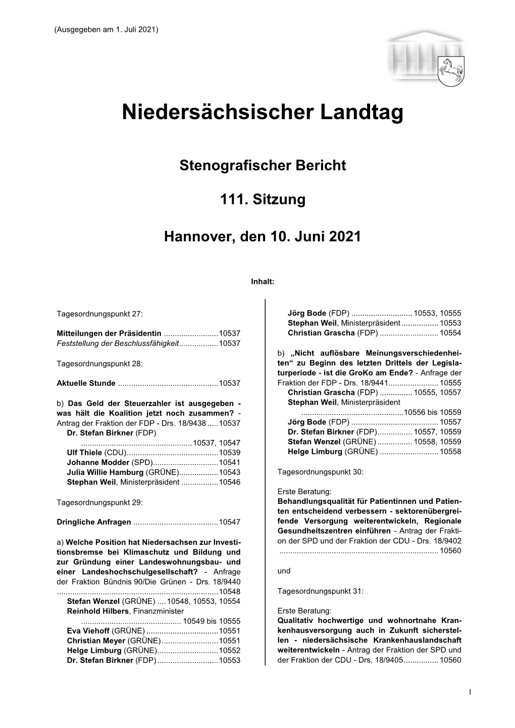 Stenografischer Bericht 111. Sitzung Hannover, Den 10. Juni 2021
