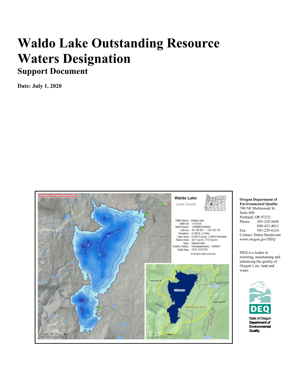 Waldo Lake Outstanding Resource Waters Designation Support Document