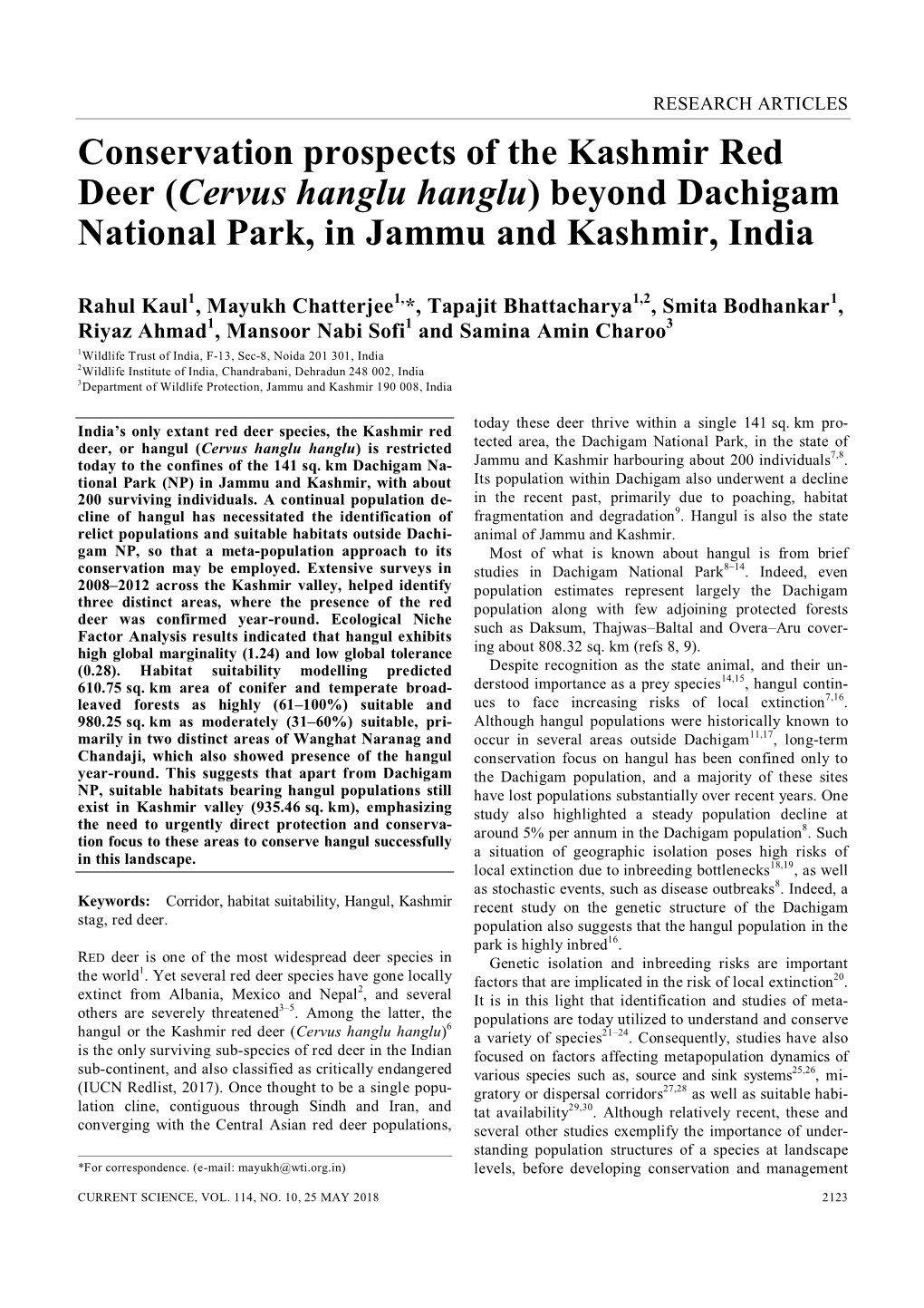 Conservation Prospects of the Kashmir Red Deer (Cervus Hanglu Hanglu) Beyond Dachigam National Park, in Jammu and Kashmir, India