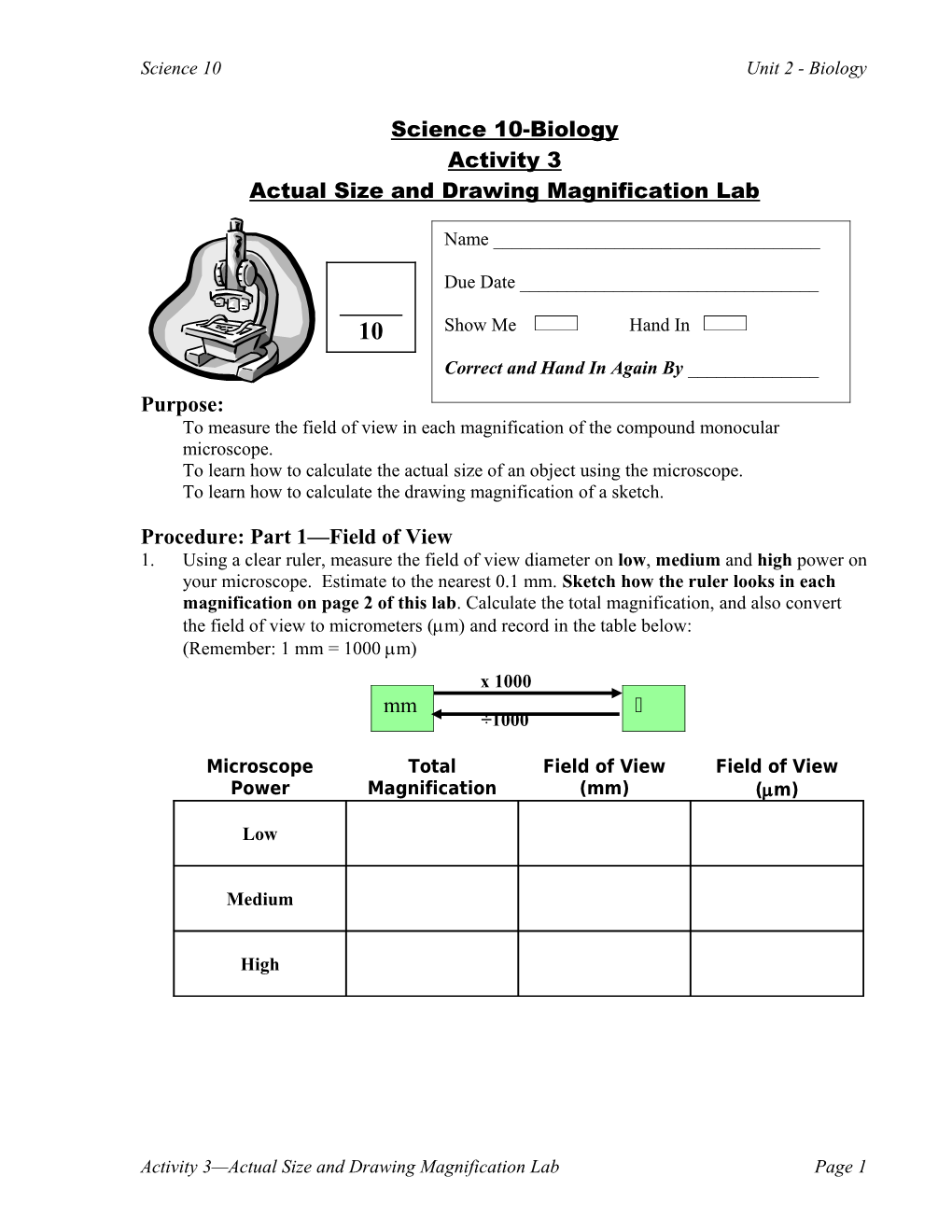 Actual Size and Drawing Magnification Lab