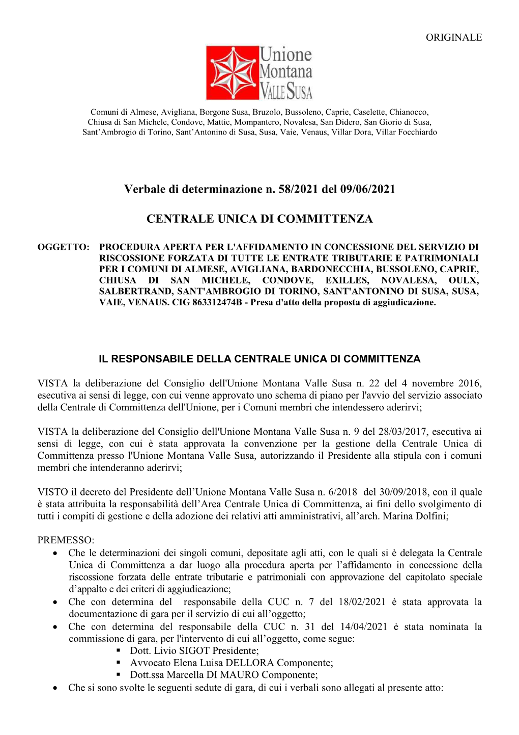 Verbale Di Determinazione N. 58/2021 Del 09/06/2021 CENTRALE UNICA