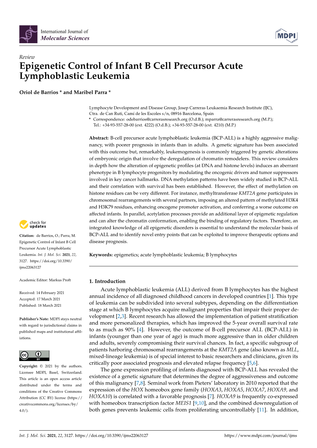 Epigenetic Control of Infant B Cell Precursor Acute Lymphoblastic Leukemia