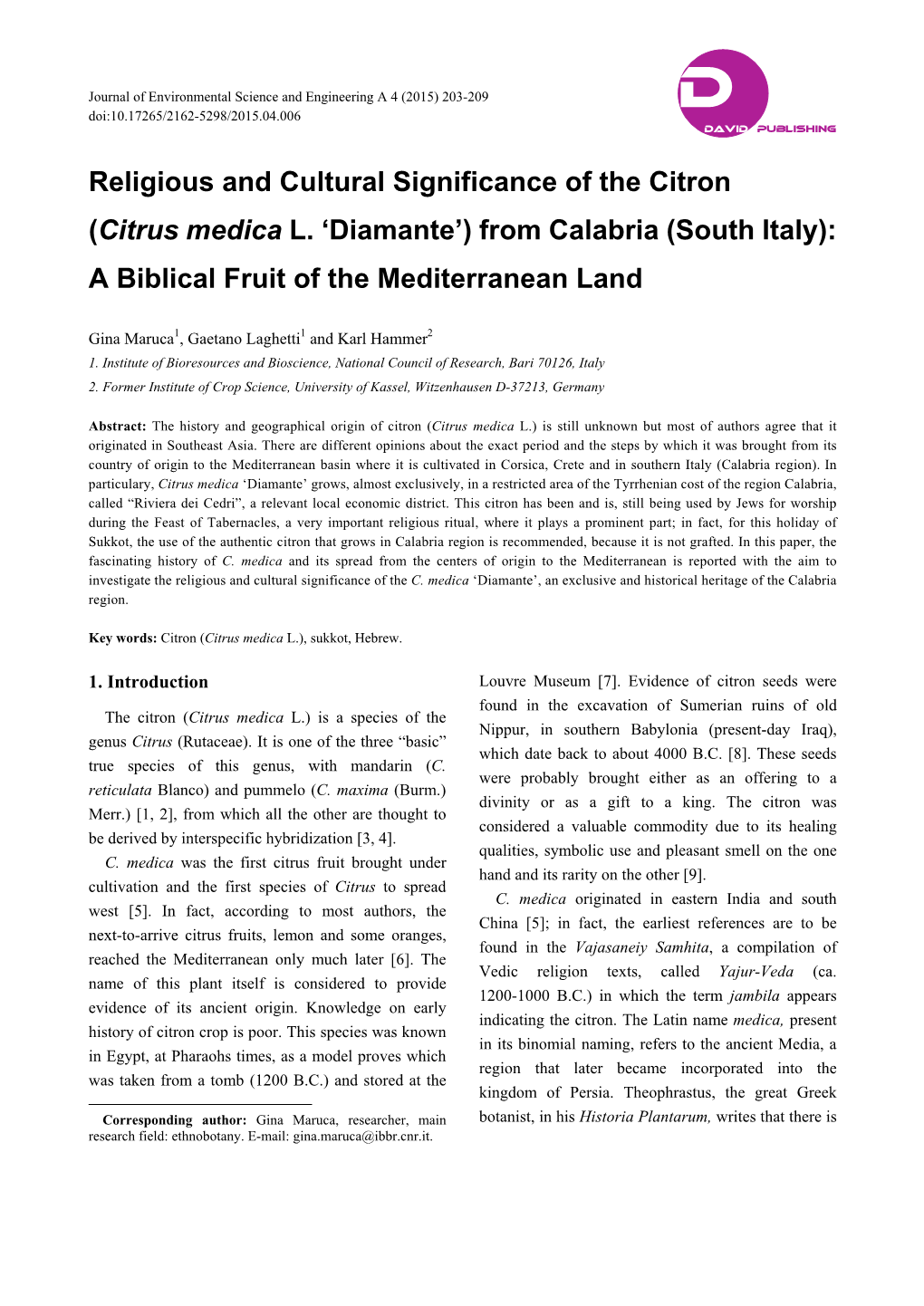 Religious and Cultural Significance of the Citron (Citrus Medica L