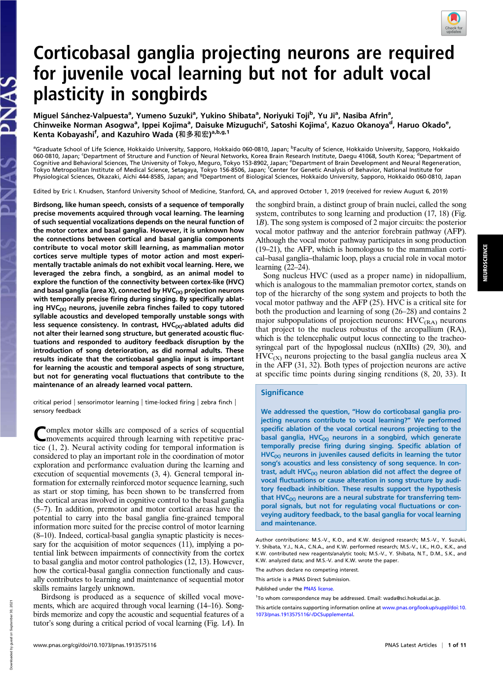 Corticobasal Ganglia Projecting Neurons Are Required for Juvenile Vocal Learning but Not for Adult Vocal Plasticity in Songbirds