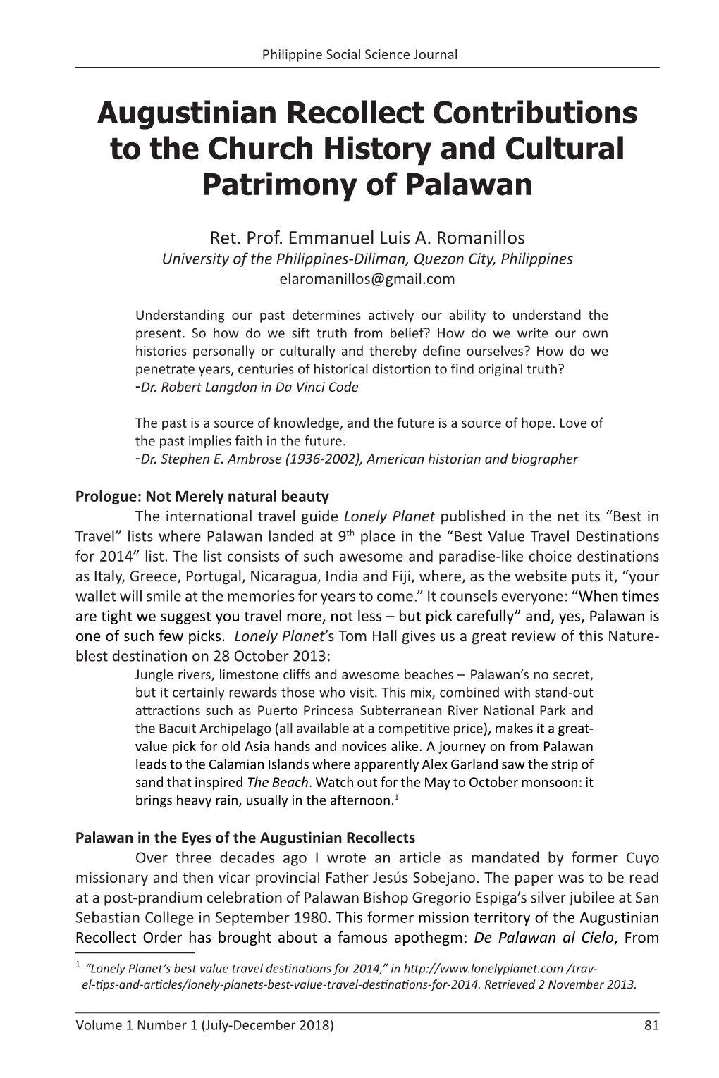 Augustinian Recollect Contributions to the Church History and Cultural Patrimony of Palawan