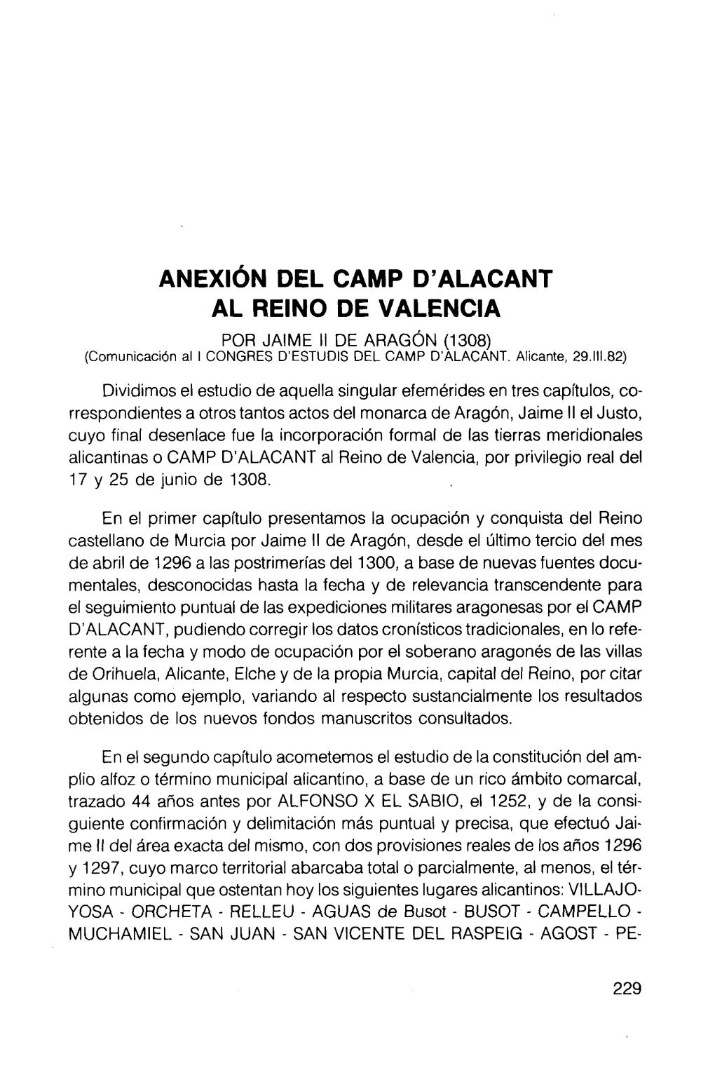 ANEXIÓN DEL CAMP D'alacant AL REINO DE VALENCIA POR JAIME II DE ARAGÓN (1308) (Comunicación Al I CONGRES D'estudis DEL CAMP D'alacant