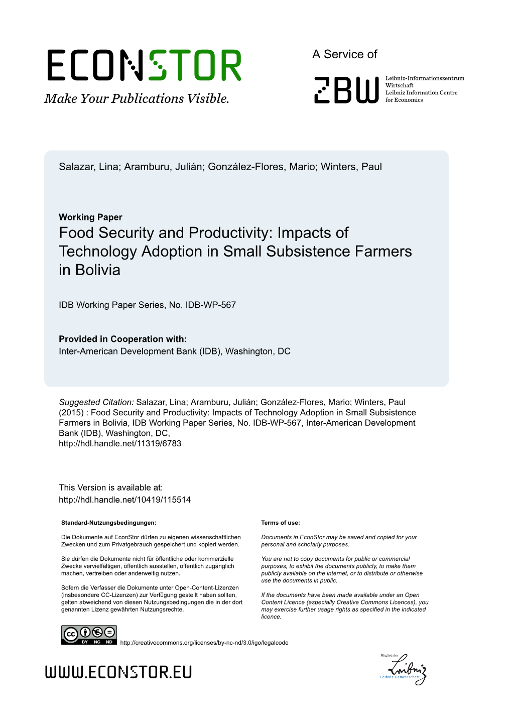 Food Security and Productivity: Impacts of Technology Adoption in Small Subsistence Farmers in Bolivia