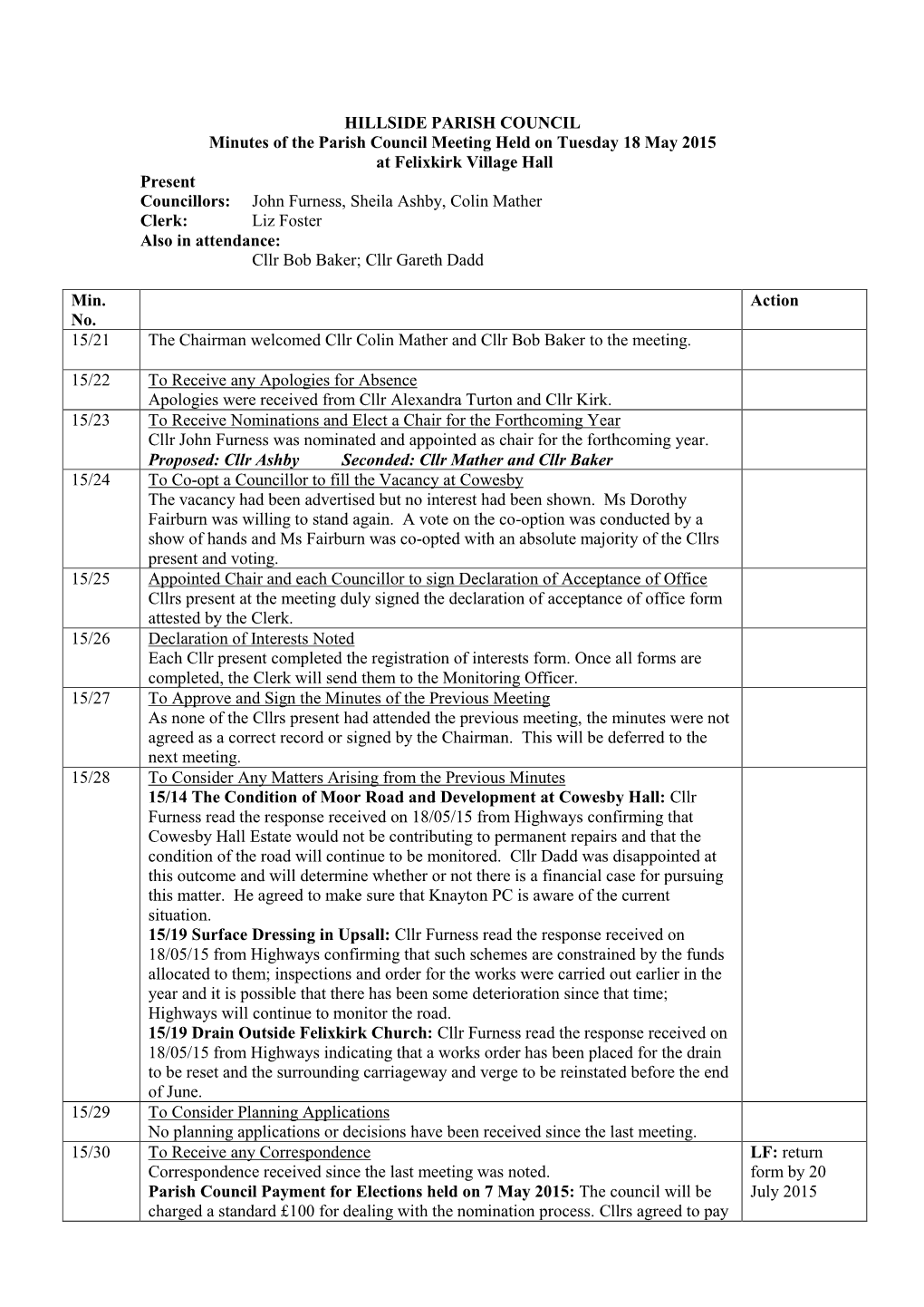 HILLSIDE PARISH COUNCIL Minutes 18 May 2015
