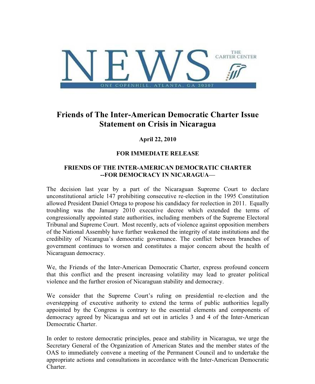 Friends of the Inter-American Democratic Charter Issue Statement on Crisis in Nicaragua