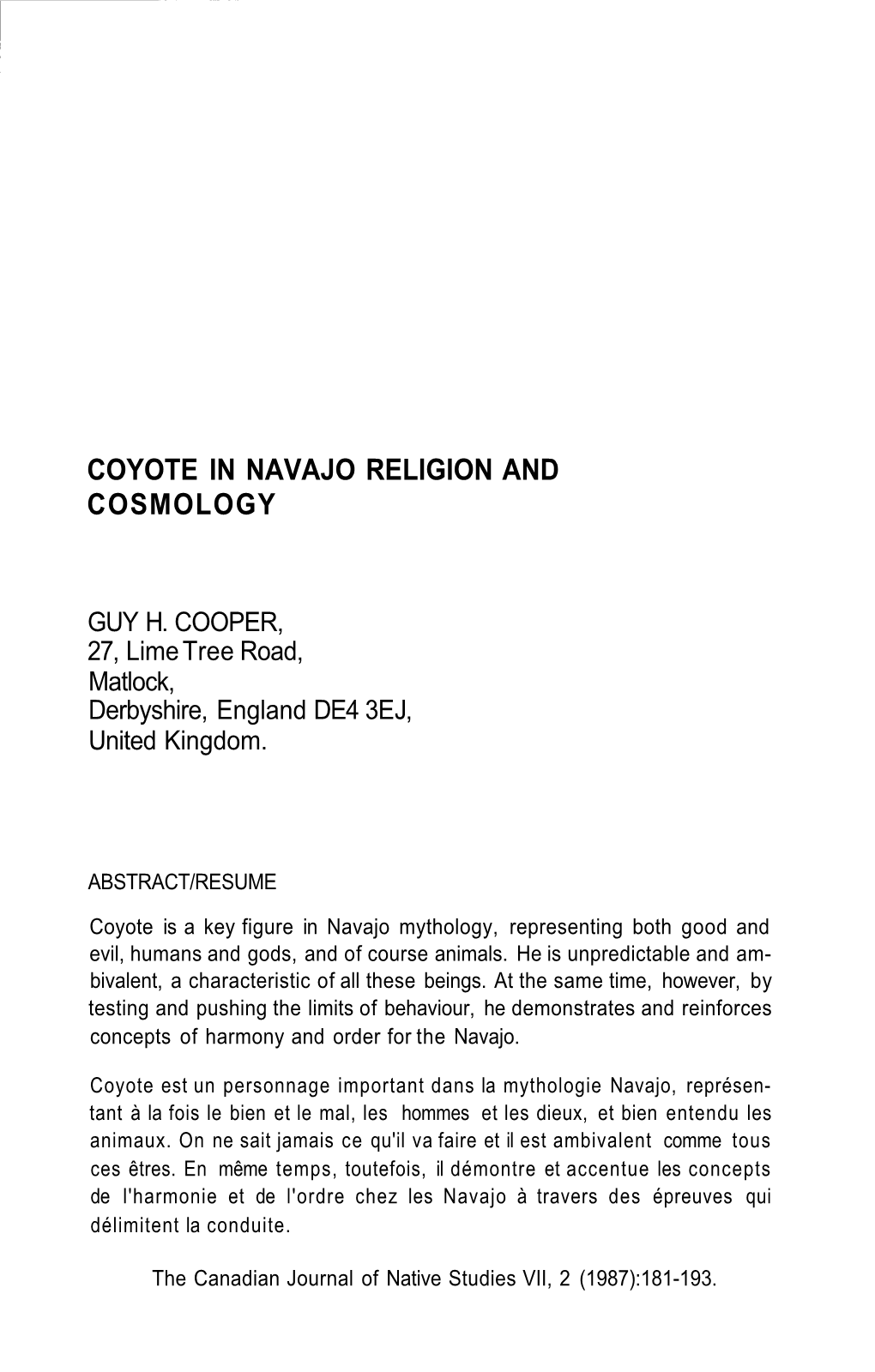 Coyote in Navajo Religion and Cosmology