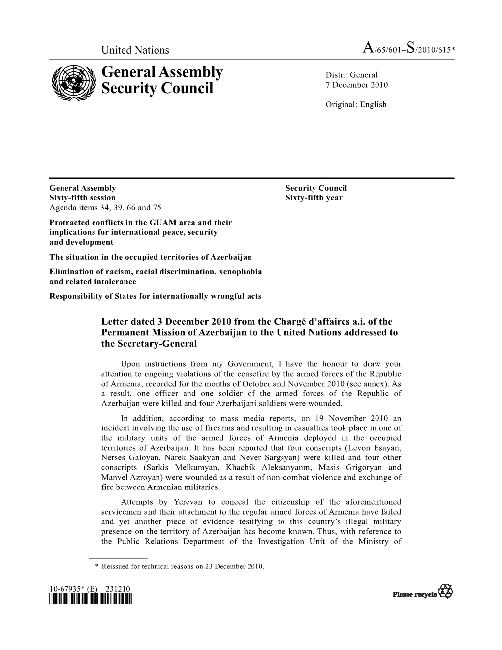 General Assembly Security Council Sixty-Fifth Session Sixty-Fifth Year Agenda Items 34, 39, 66 and 75