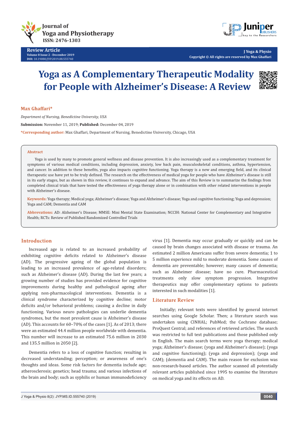 Yoga As a Complementary Therapeutic Modality for People with Alzheimer's Disease
