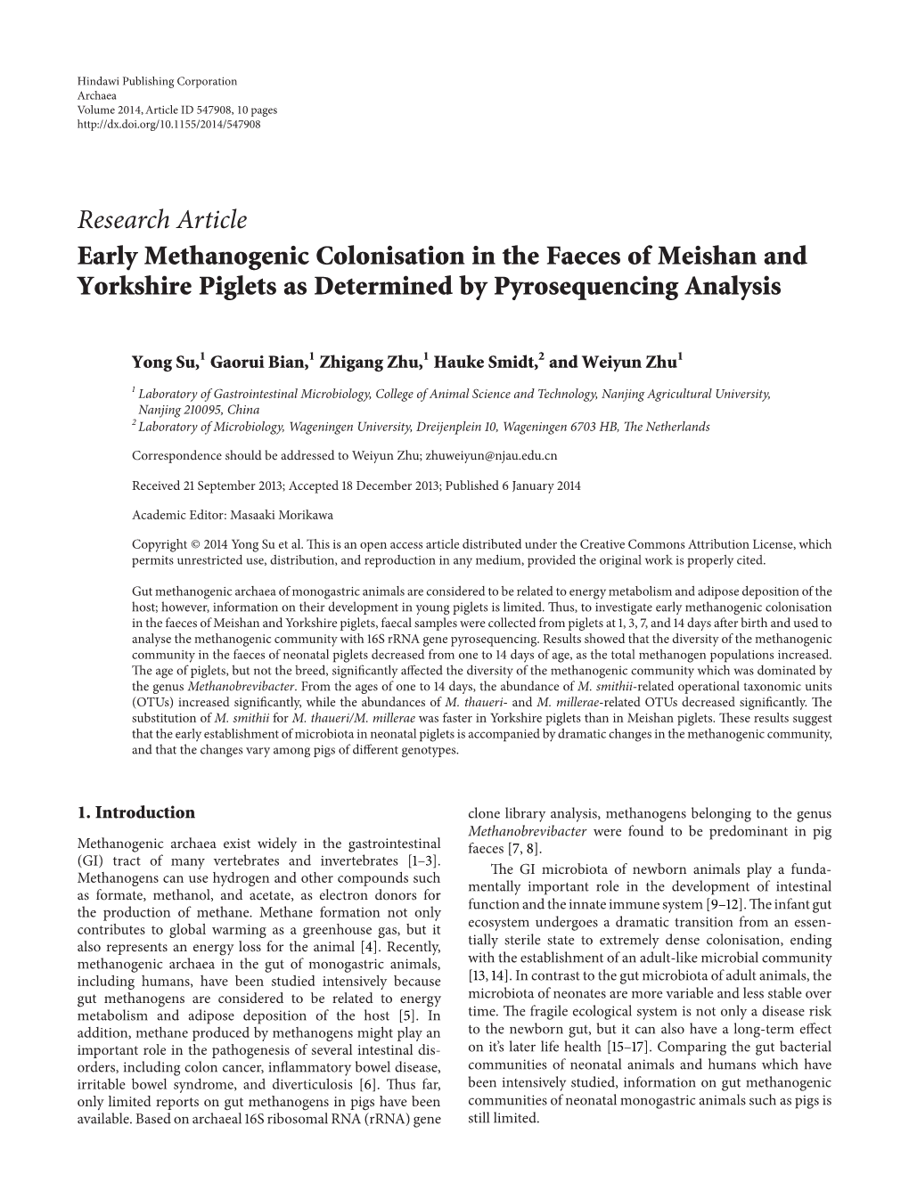 Early Methanogenic Colonisation in the Faeces of Meishan and Yorkshire Piglets As Determined by Pyrosequencing Analysis