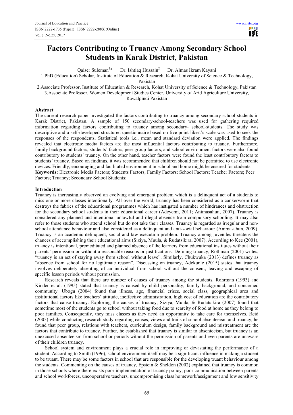 Factors Contributing to Truancy Among Secondary School Students in Karak District, Pakistan