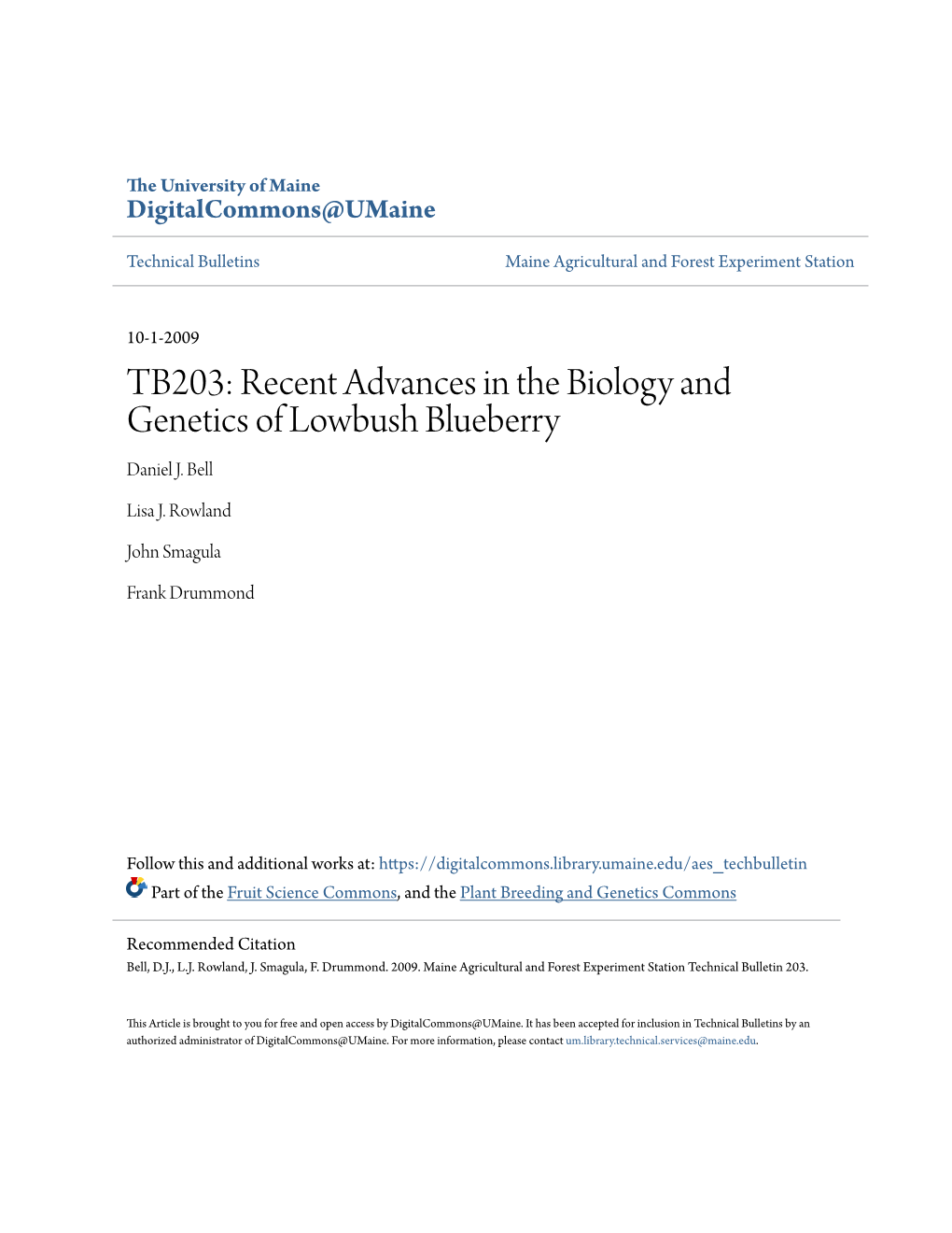 Recent Advances in the Biology and Genetics of Lowbush Blueberry Daniel J