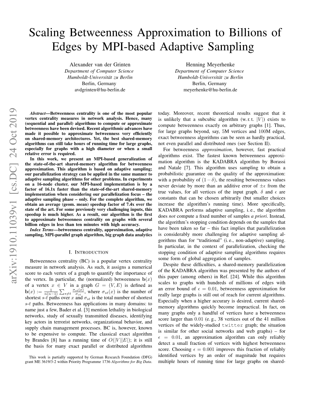 Scaling Betweenness Approximation to Billions of Edges by MPI-Based Adaptive Sampling