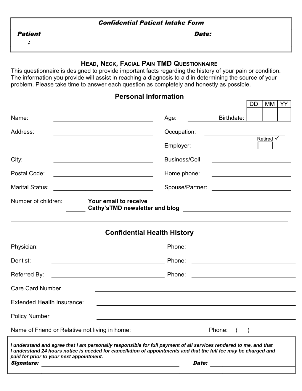 Head, Neck, Facial Pain Tmd Questionnaire