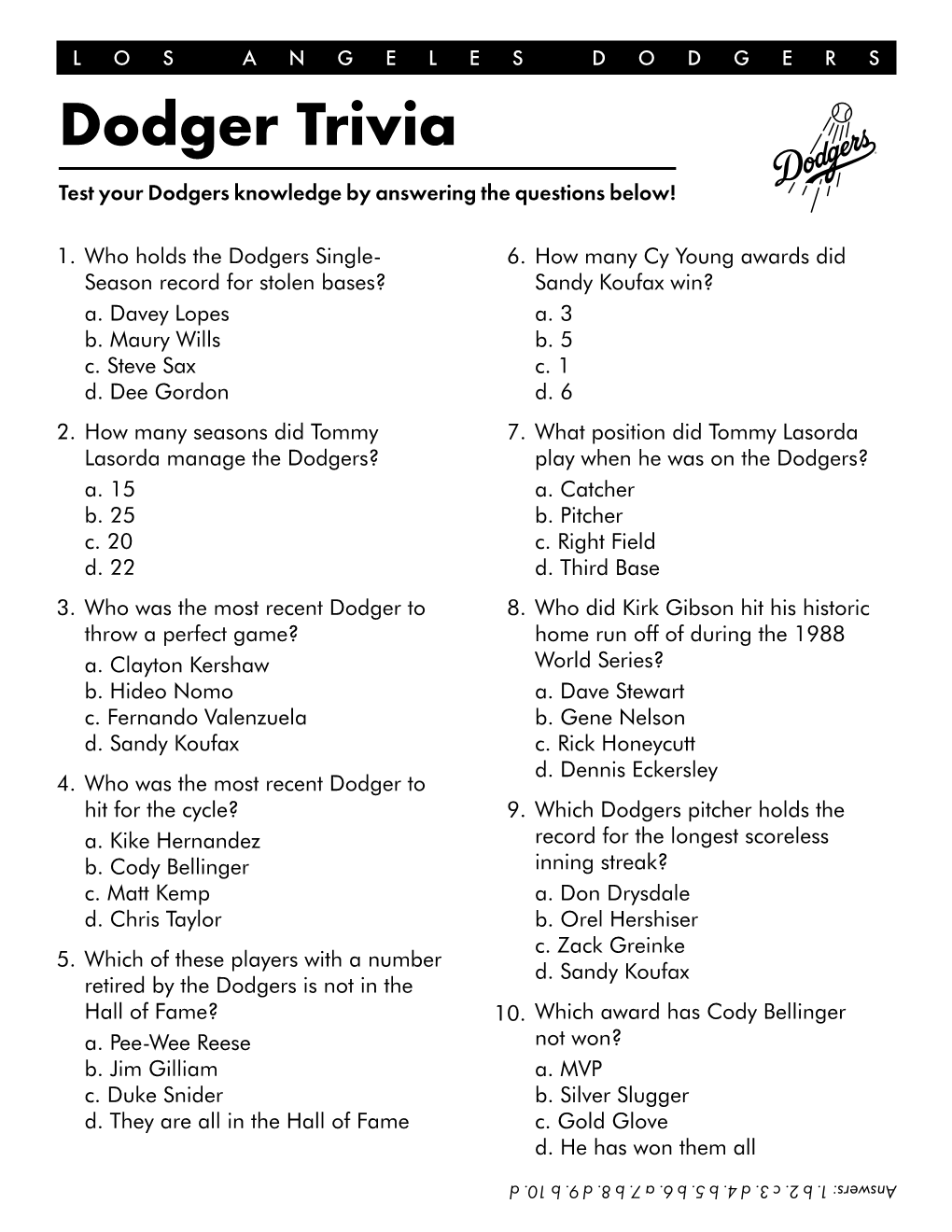 Dodger Trivia Dodger Coloring Page