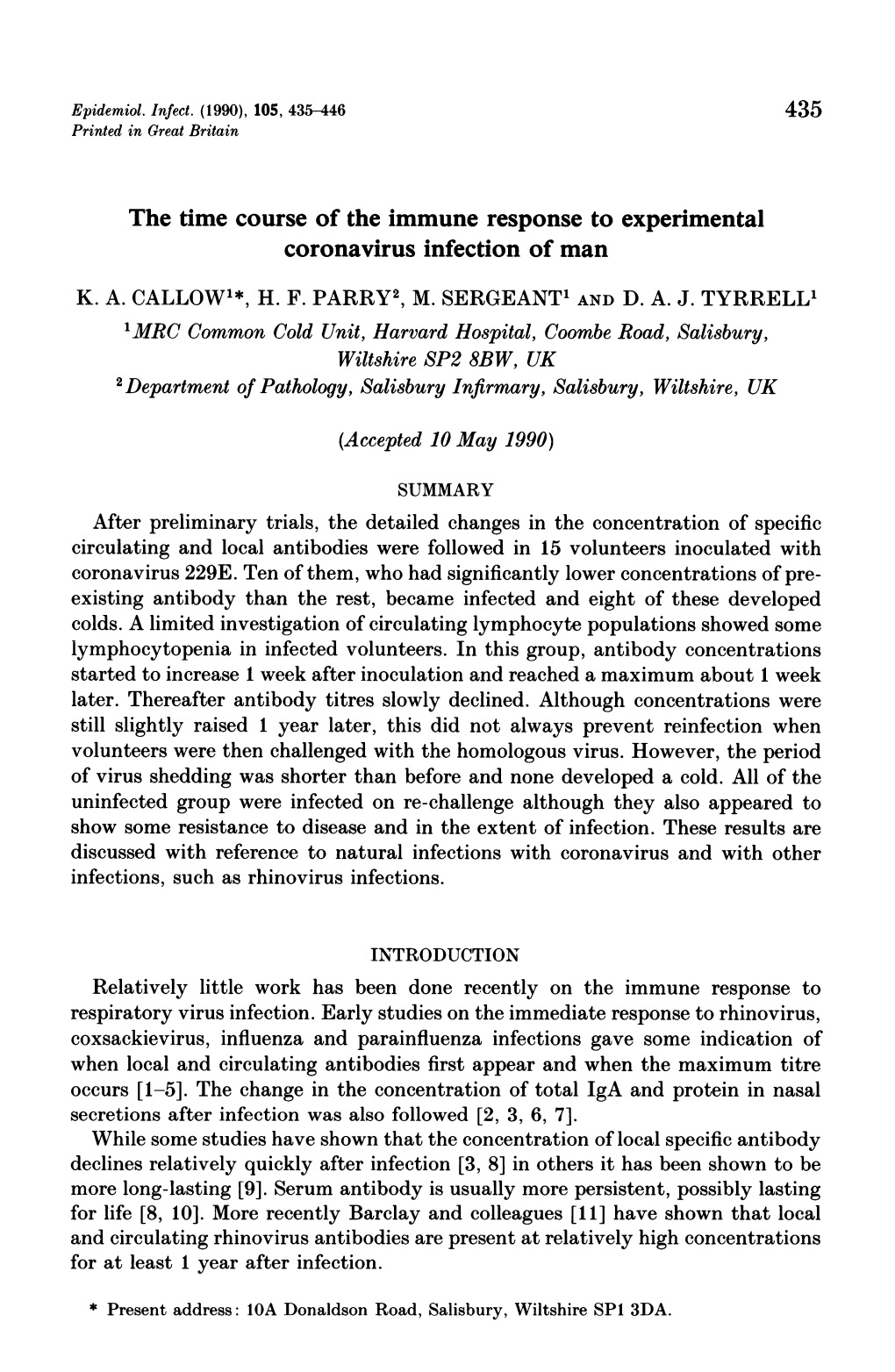 The Time Course of the Immune Response to Experimental Coronavirus Infection of Man K