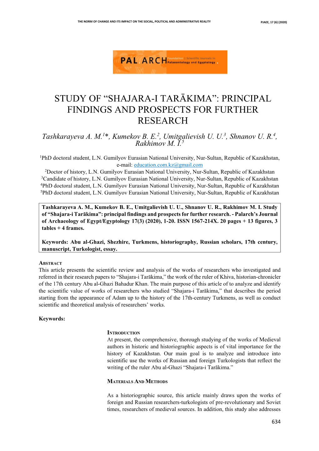 Study of “Shajara-I Tarākima”: Principal Findings and Prospects for Further Research