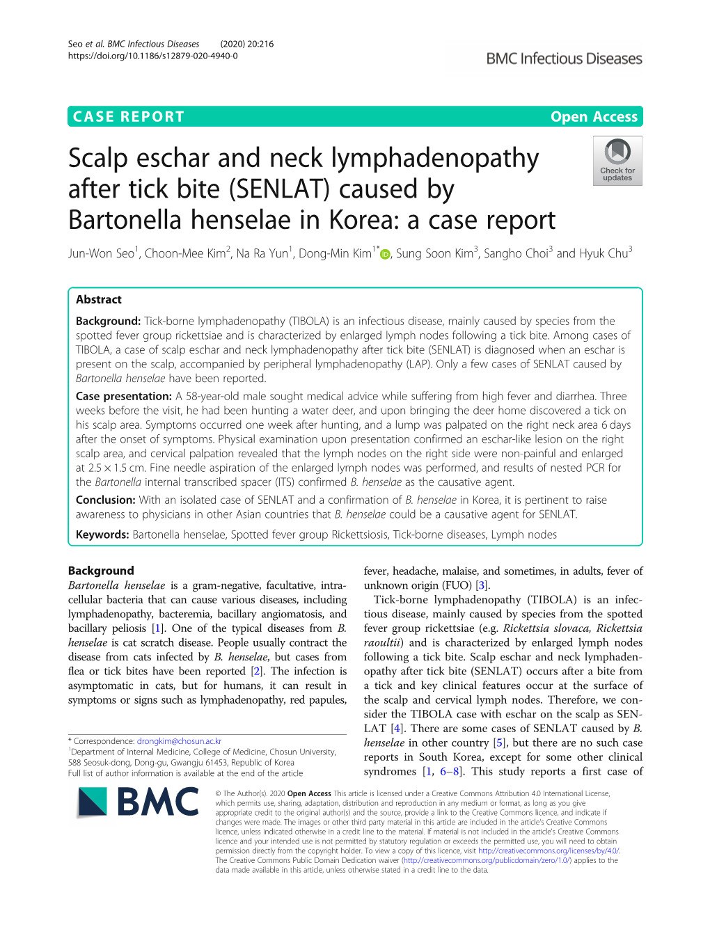 Scalp Eschar and Neck Lymphadenopathy After Tick Bite (SENLAT) Caused by Bartonella Henselae in Korea: a Case Report