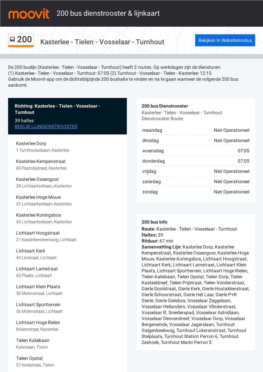 200 Bus Dienstrooster & Lijnroutekaart