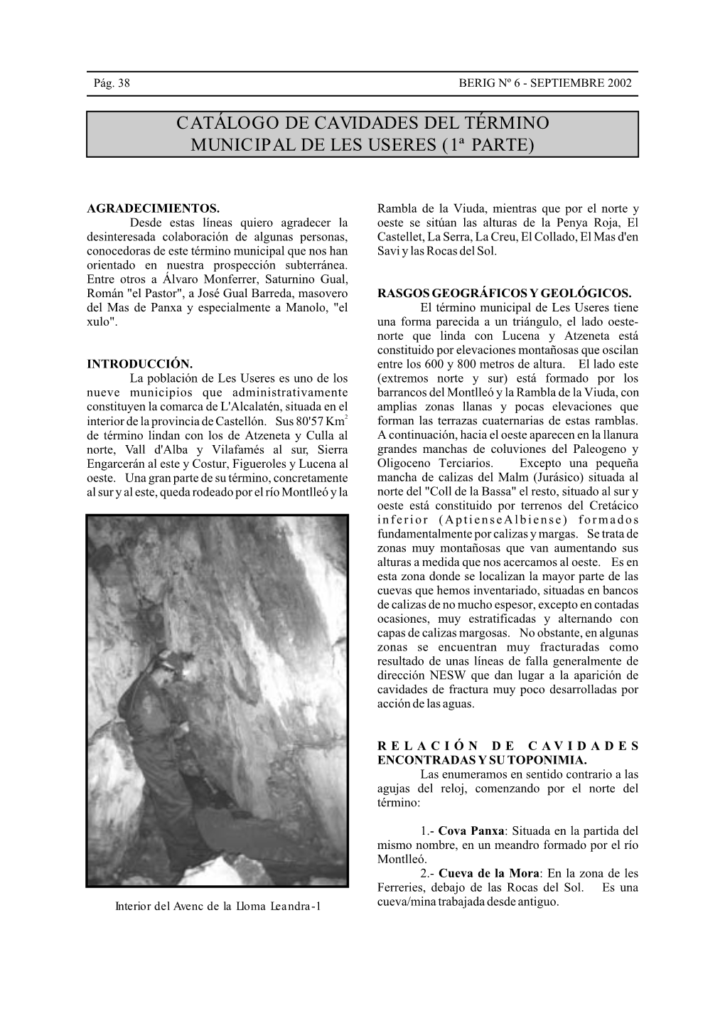 Catálogo De Cavidades Del Término Municipal De Les Useres (1ª Parte)