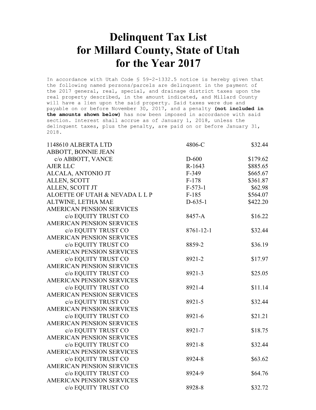 Delinquent Tax List for Millard County, State of Utah for the Year 2017