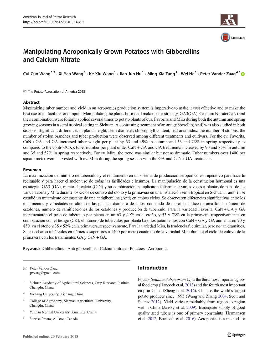 Manipulating Aeroponically Grown Potatoes with Gibberellins and Calcium Nitrate