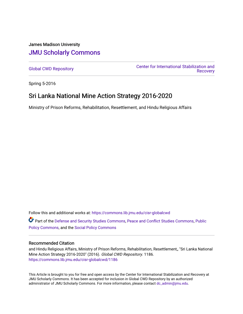 Sri Lanka National Mine Action Strategy 2016-2020