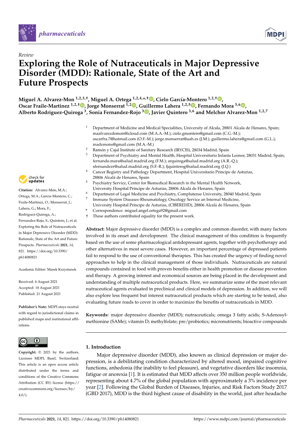 Exploring the Role of Nutraceuticals in Major Depressive Disorder (MDD): Rationale, State of the Art and Future Prospects