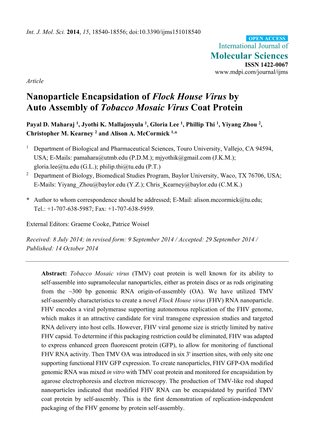 Nanoparticle Encapsidation of Flock House Virus by Auto Assembly of Tobacco Mosaic Virus Coat Protein