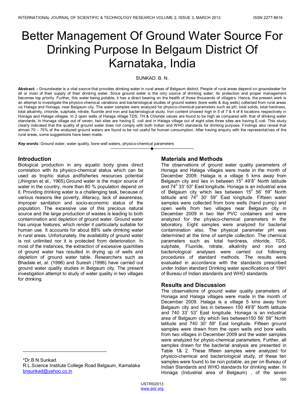 Better Management of Ground Water Source for Drinking Purpose in Belgaum District of Karnataka, India