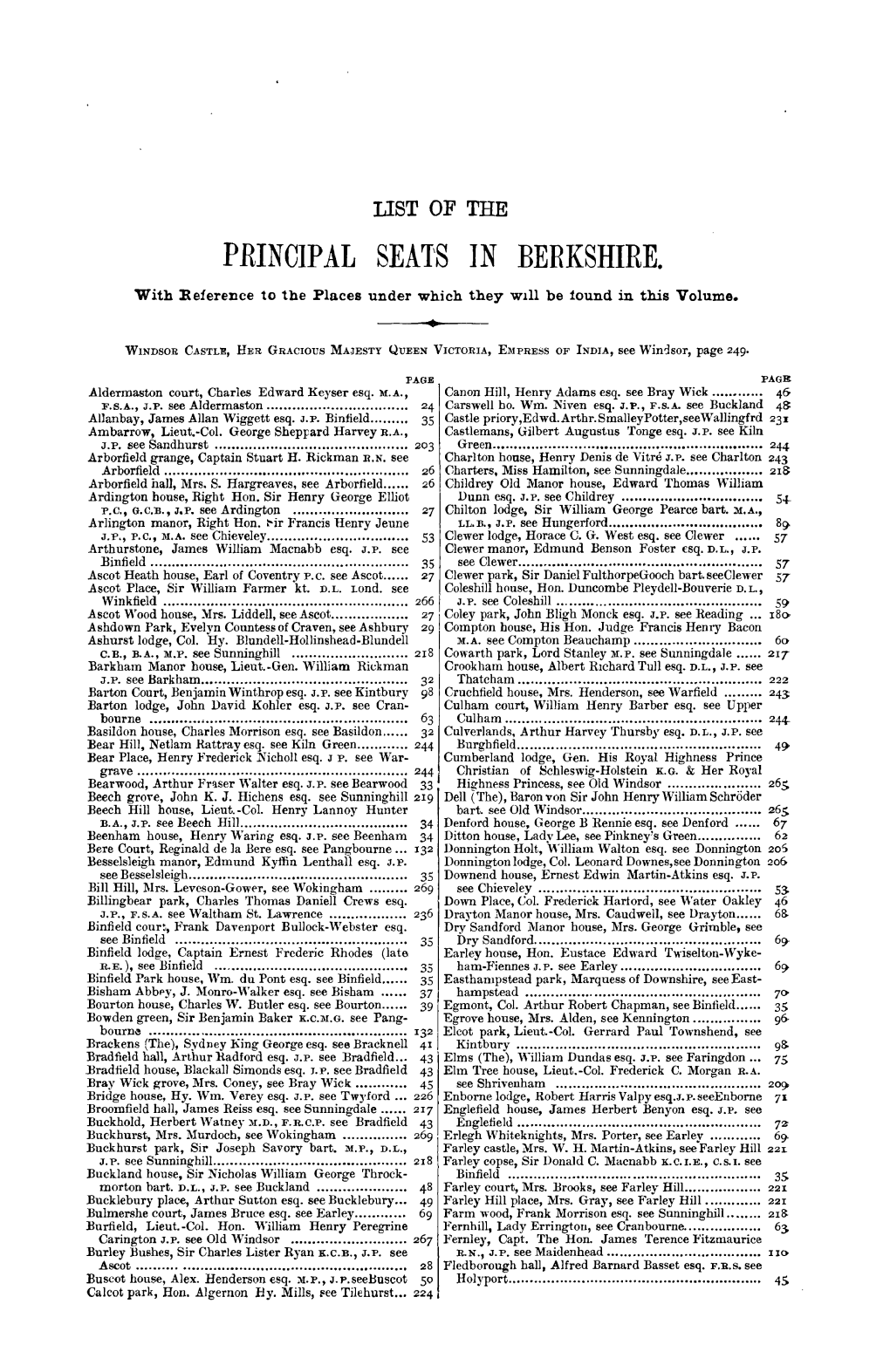 List of the Principal Seats in Berkshire