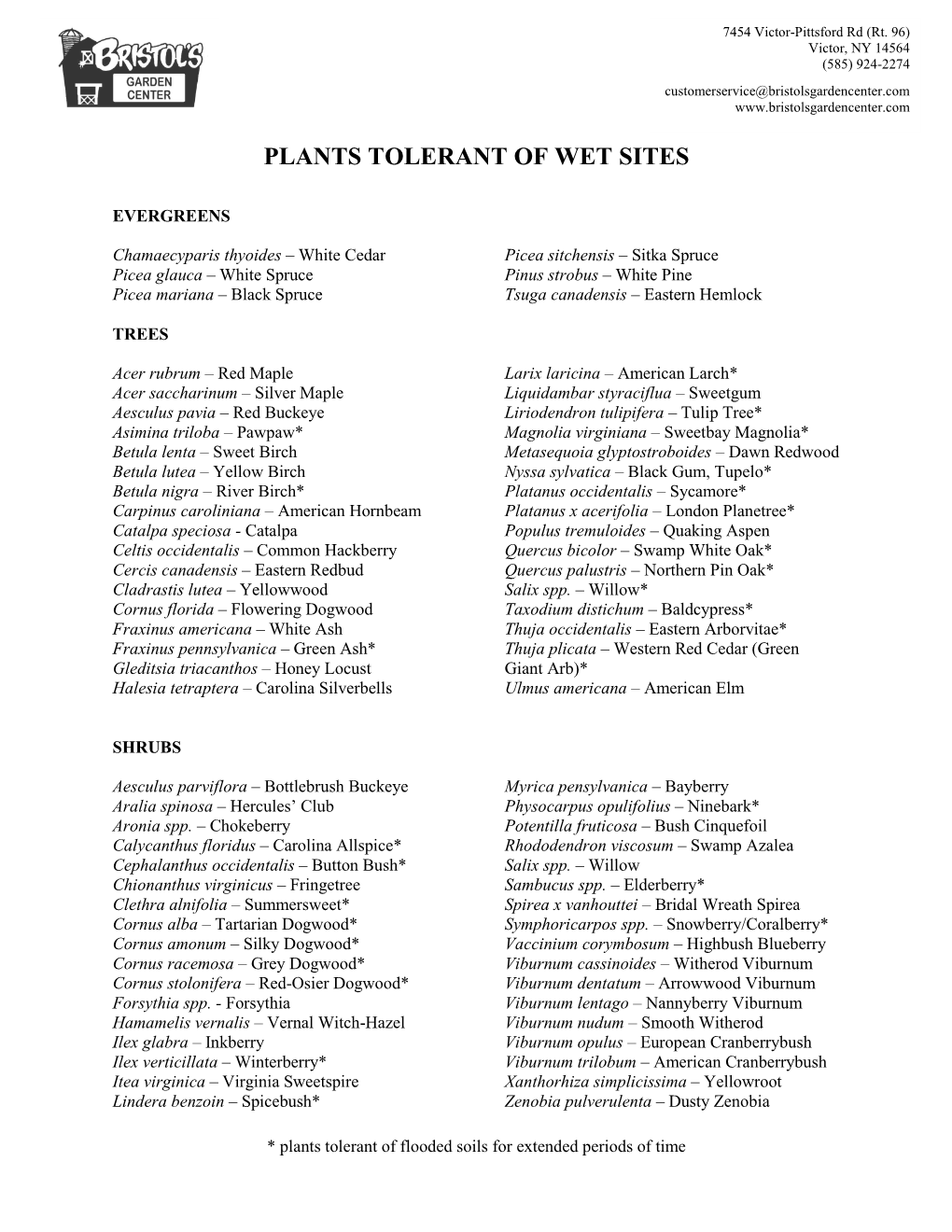 Plants Tolerant of Wet Sites