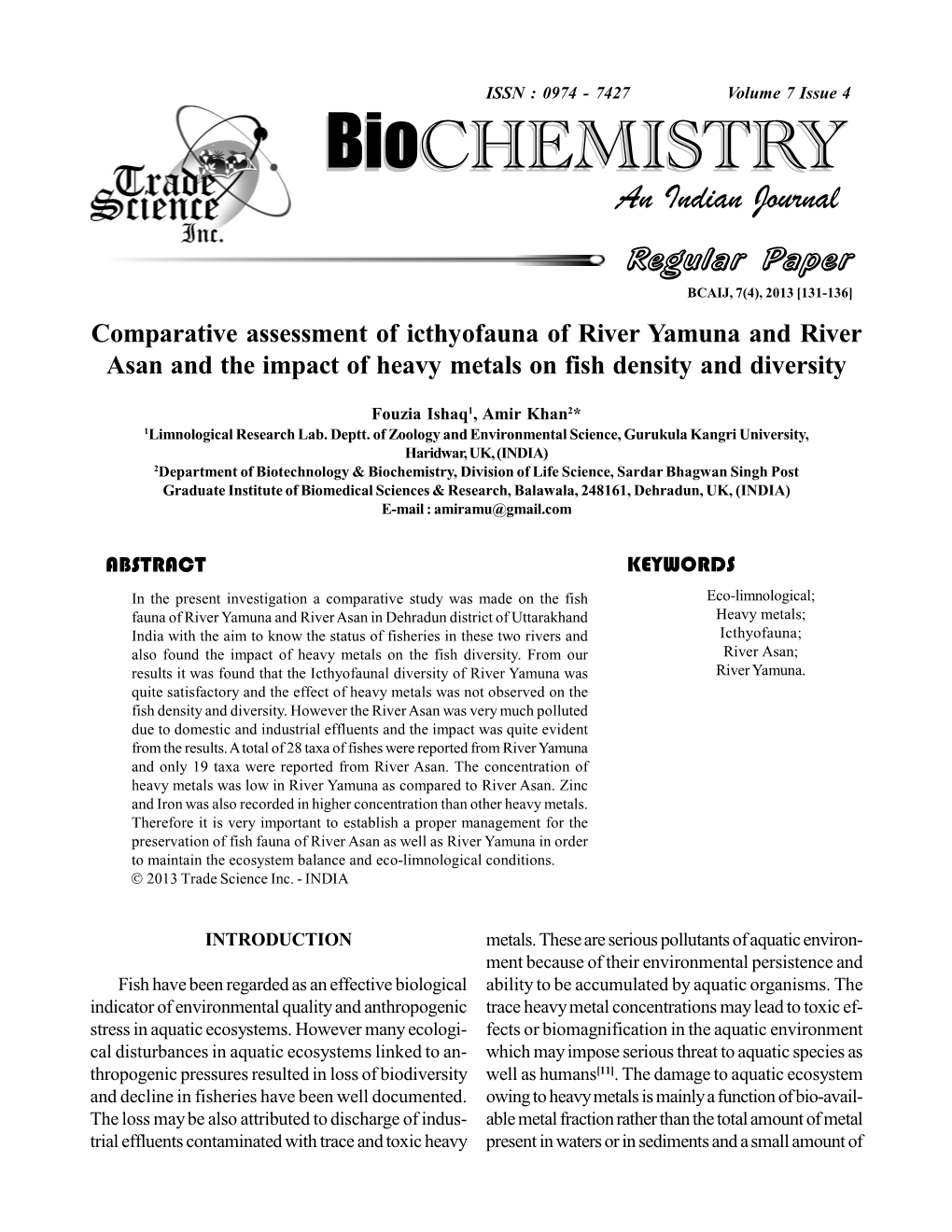 Comparative Assessment of Icthyofauna of River Yamuna and River Asan and the Impact of Heavy Metals on Fish Density and Diversity